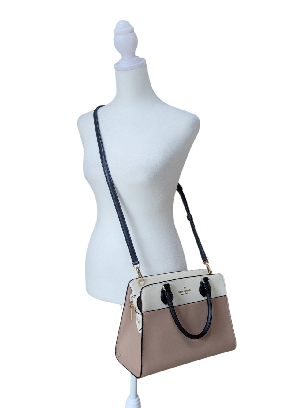 Kate Spade Womens Cream Tan Black Leather Madison Top Zip Medium Satchel - Picture 5 of 12